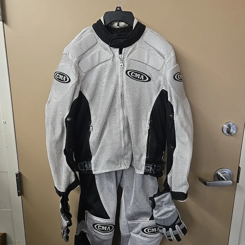 CMA Motorcycle Jacket And Pants Set - Black and White Padded Jacket-M Pants-L